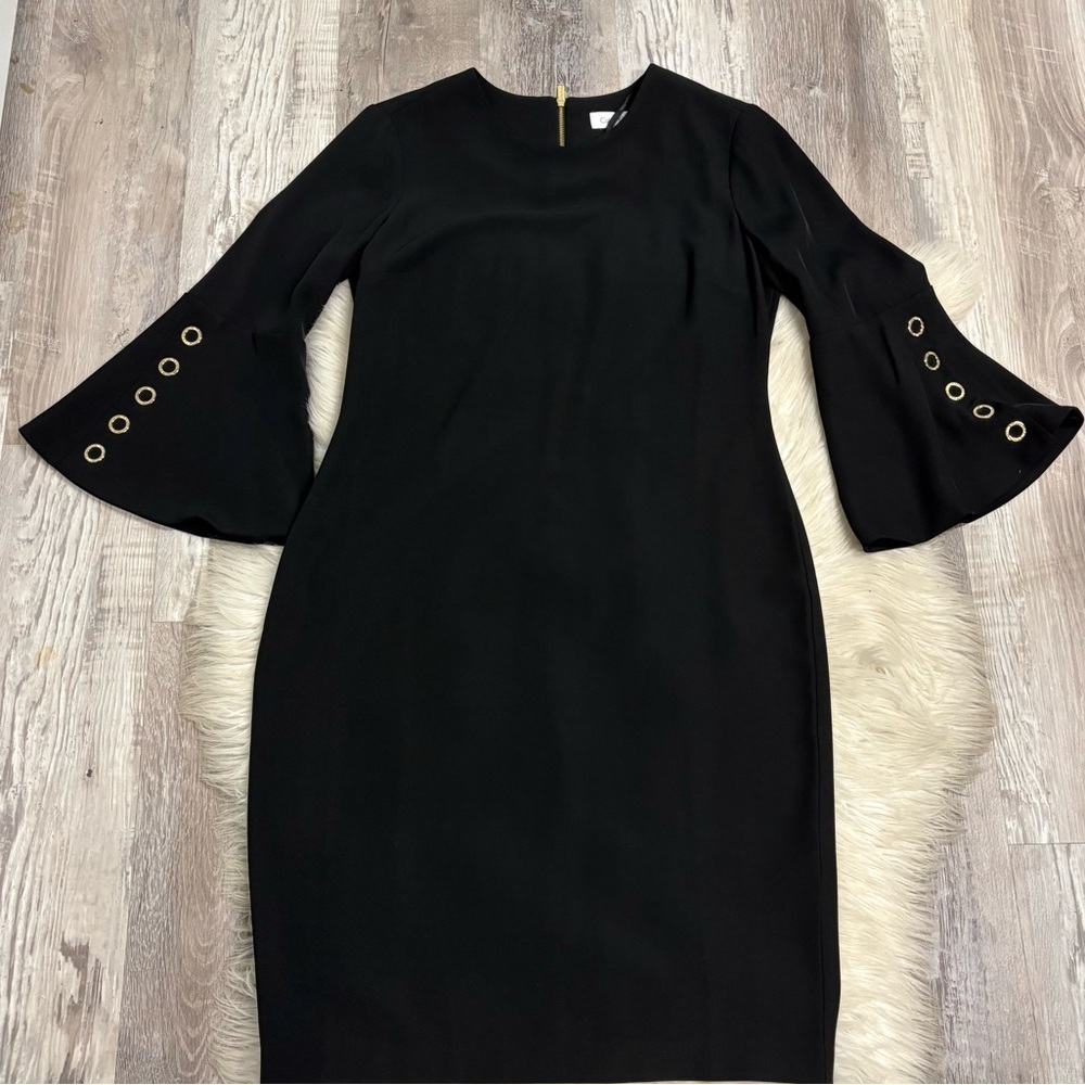 Calvin Klein black belle sleeve w/ gold rivets sheath dress sz 4